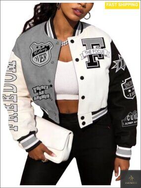 Varsity Bomber Letterman Jacket Cotton Blend Cropped Snap